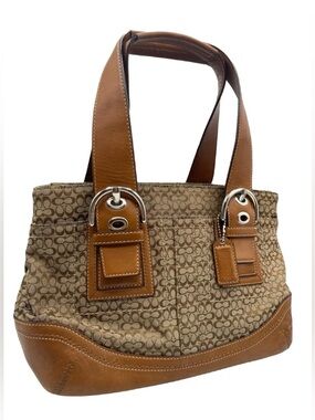 Coach Vintage Brown Signature Canvas Shoulder Bag with Tan Trim